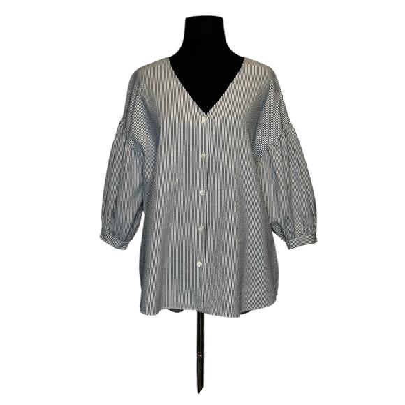 Moussy gray white striped 3/4 sleeves blouse size Free Size - Picture 15 of 16